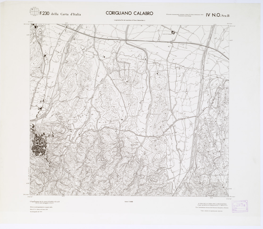 (N:7085) CARTA TOPOGRAFICA DELLA CALABRIA - Foglio 23O IV N.O. SEZ.B - Corigliano Calabro (B0001383) Carte e stampe antiche: riproduzione a colori su carta (formato A1)