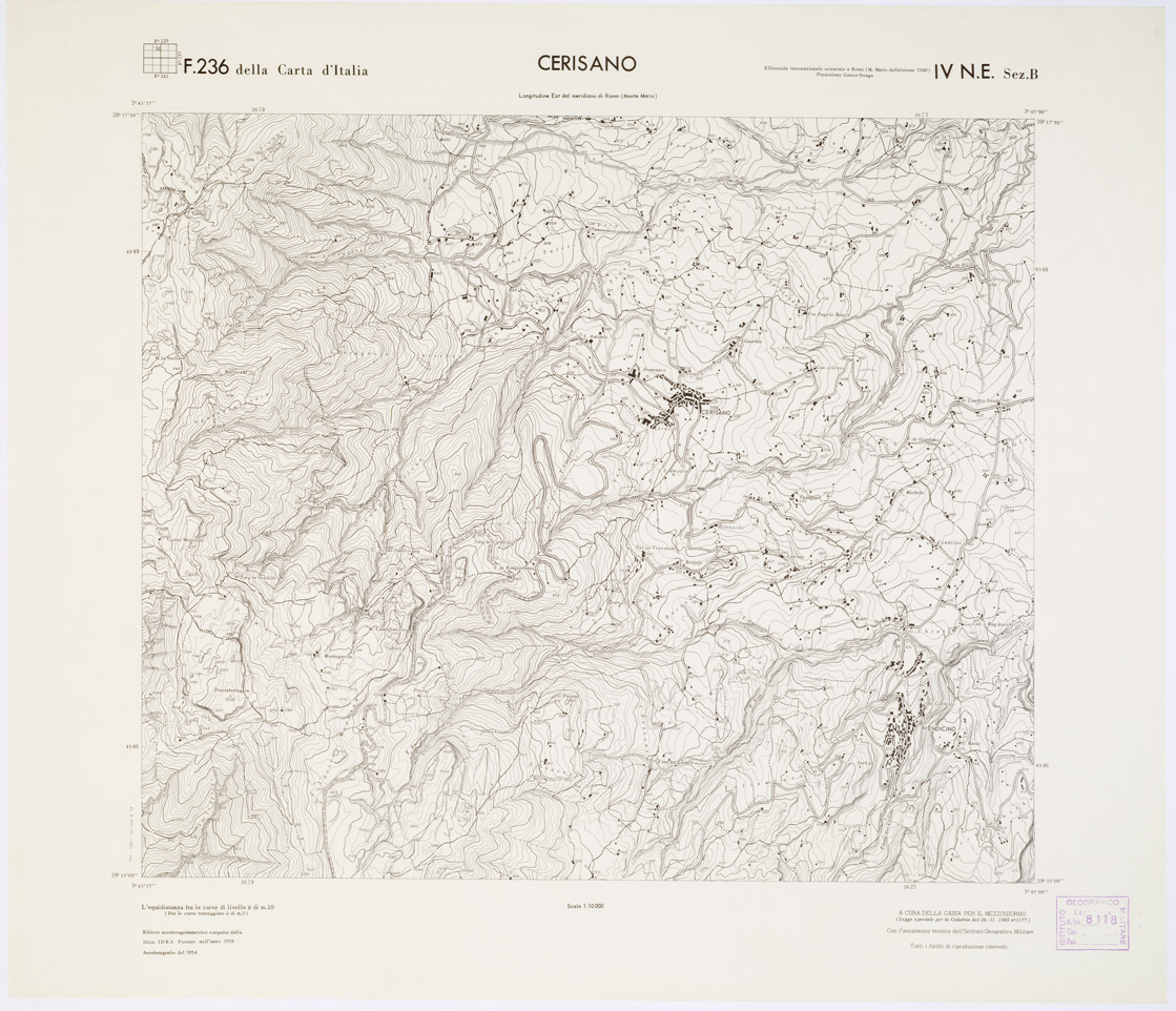 (N:7068) CARTA TOPOGRAFICA DELLA CALABRIA - Foglio 236 IV N.E. SEZ.B - Cerisano (B0001423) Carte e stampe antiche: riproduzione a colori su carta (formato A1)