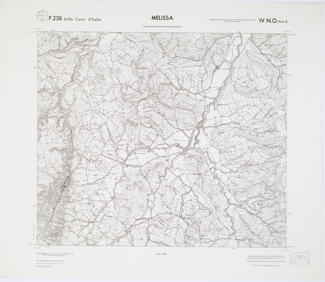 (N:7181) CARTA TOPOGRAFICA DELLA CALABRIA - Foglio 238 IV N.O. SEZ.A - Melissa (B0001534) Carte e stampe antiche: riproduzione a colori su carta (formato A1)