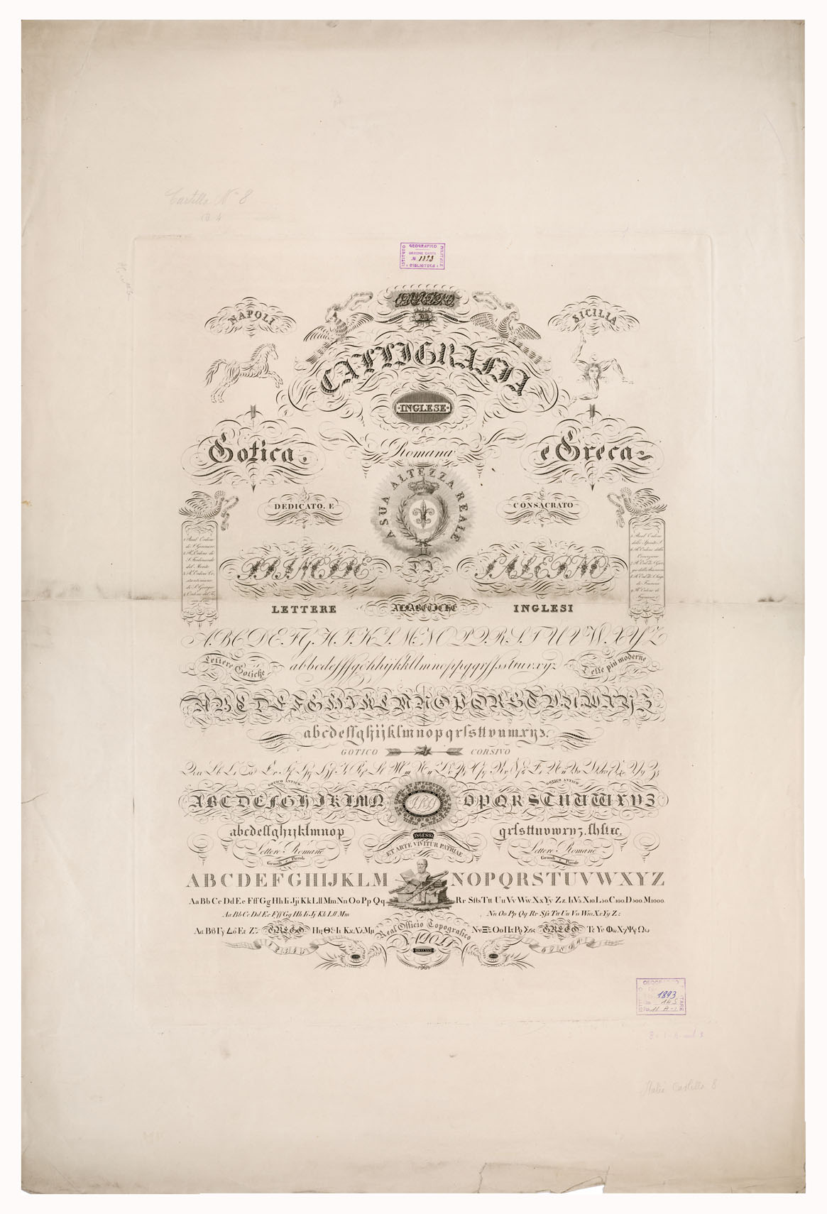 (N:15665) SAGGI DI SCRITTURA DA USARE NELLE CARTE DEL R. UFFICIO TOPOGRAFICO DI NAPOLI (B0002052) Carte e stampe antiche: riproduzione a colori su carta (formato A1)