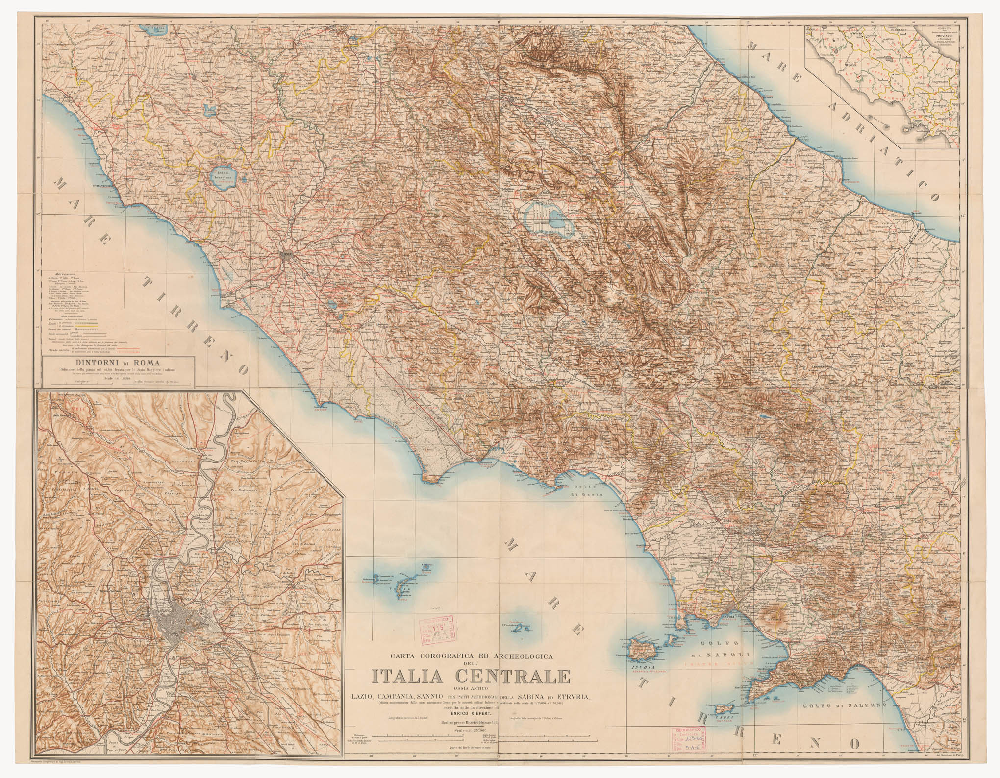 (N:850) CARTA COROGRAFICA ED ARCHEOLOGICA DELL'ITALIA CENTRALE OSSIA ANTICO LAZIO, CAMPANIA, SANNIO, CON PARTI MERIDIONALI DELLA SABINA ED ETRURIA (B0002081) Carte e stampe antiche: riproduzione a colori su carta (formato A1)