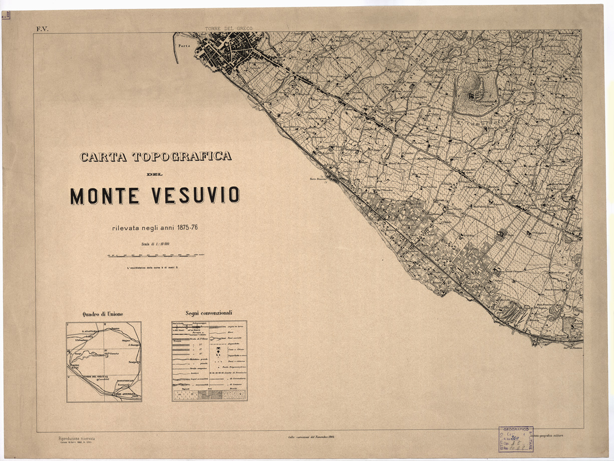 (N:6595) CARTA TOPOGRAFICA DEL MONTE VESUVIO RILEVATA... - Foglio V - Quadro d'Unione (B0002091) Carte e stampe antiche: riproduzione a colori su carta (formato A1)
