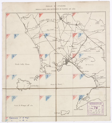 (N:8265) CARTA TOPOGRAFICA ED IDROGRAFICA DEI CONTORNI DI NAPOLI... - Quadro d'unione (B0002115) Carte e stampe antiche: riproduzione a colori su carta (formato A1)