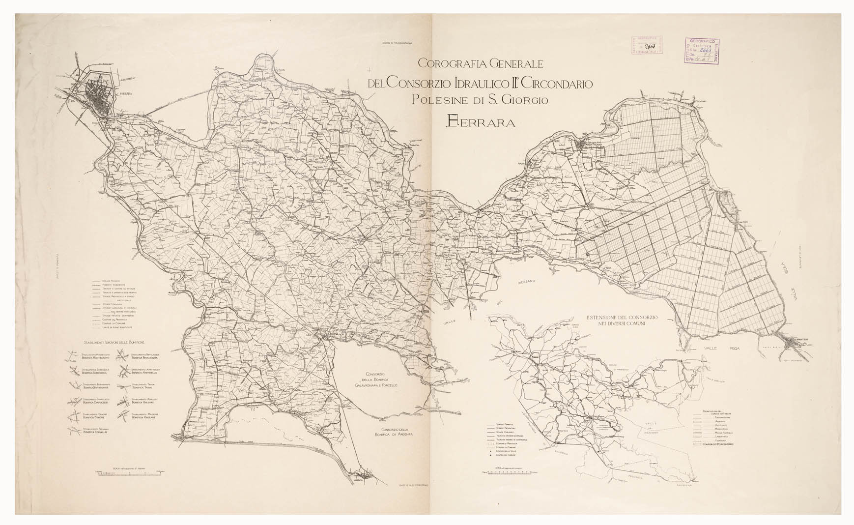 (N:9127) COROGRAFIA GENERALE DEL CONSORZIO IDRAULICO II CIRCONDARIO POLESINE DI S. GIORGIO, FERRARA (B0002199) Carte e stampe antiche: riproduzione a colori su carta (formato A1)