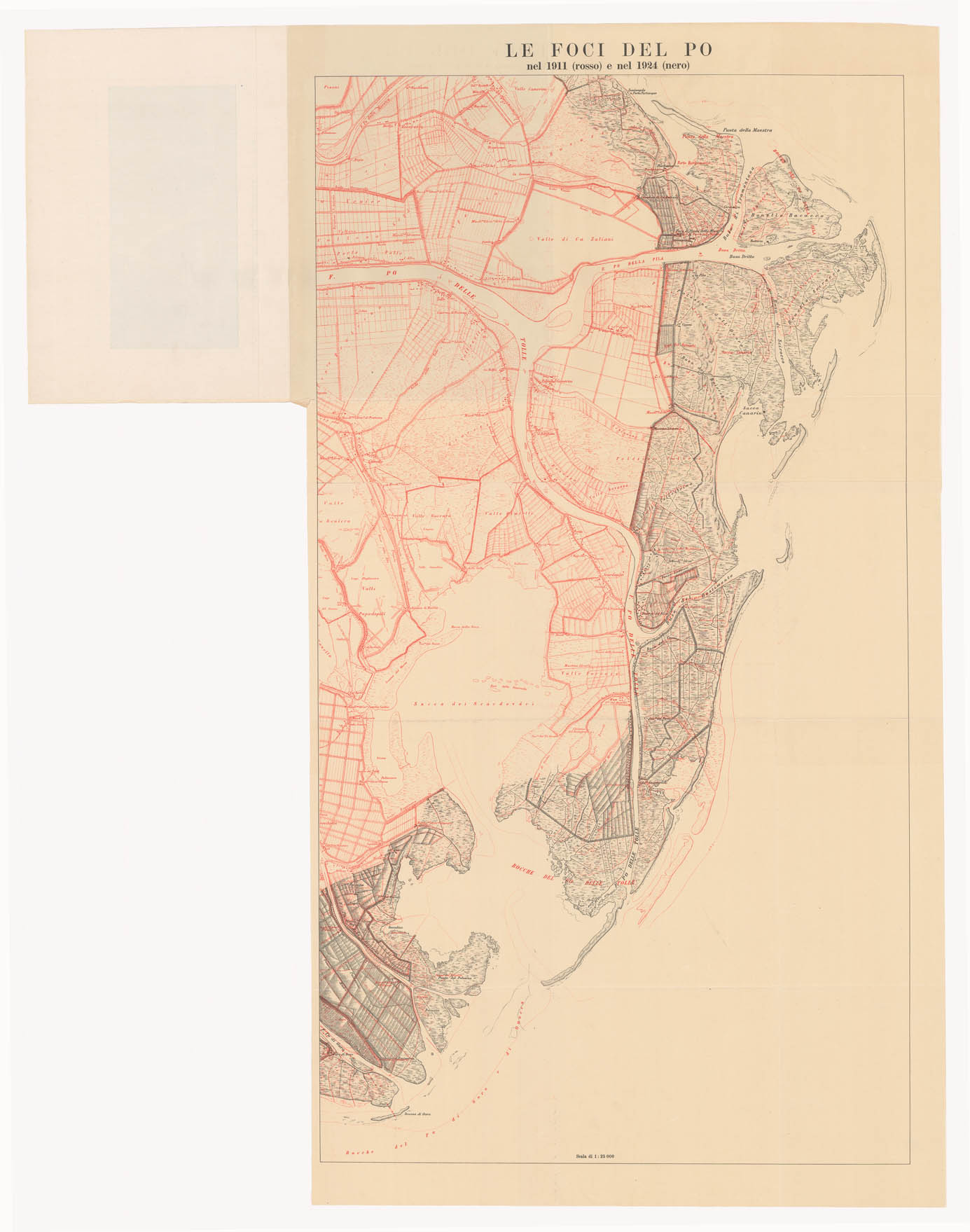(N:11439) LE FOCI DEL PO' NEL 1911 (ROSSO) E NEL 1924 (NERO) (B0002206) Carte e stampe antiche: riproduzione a colori su carta (formato A1)