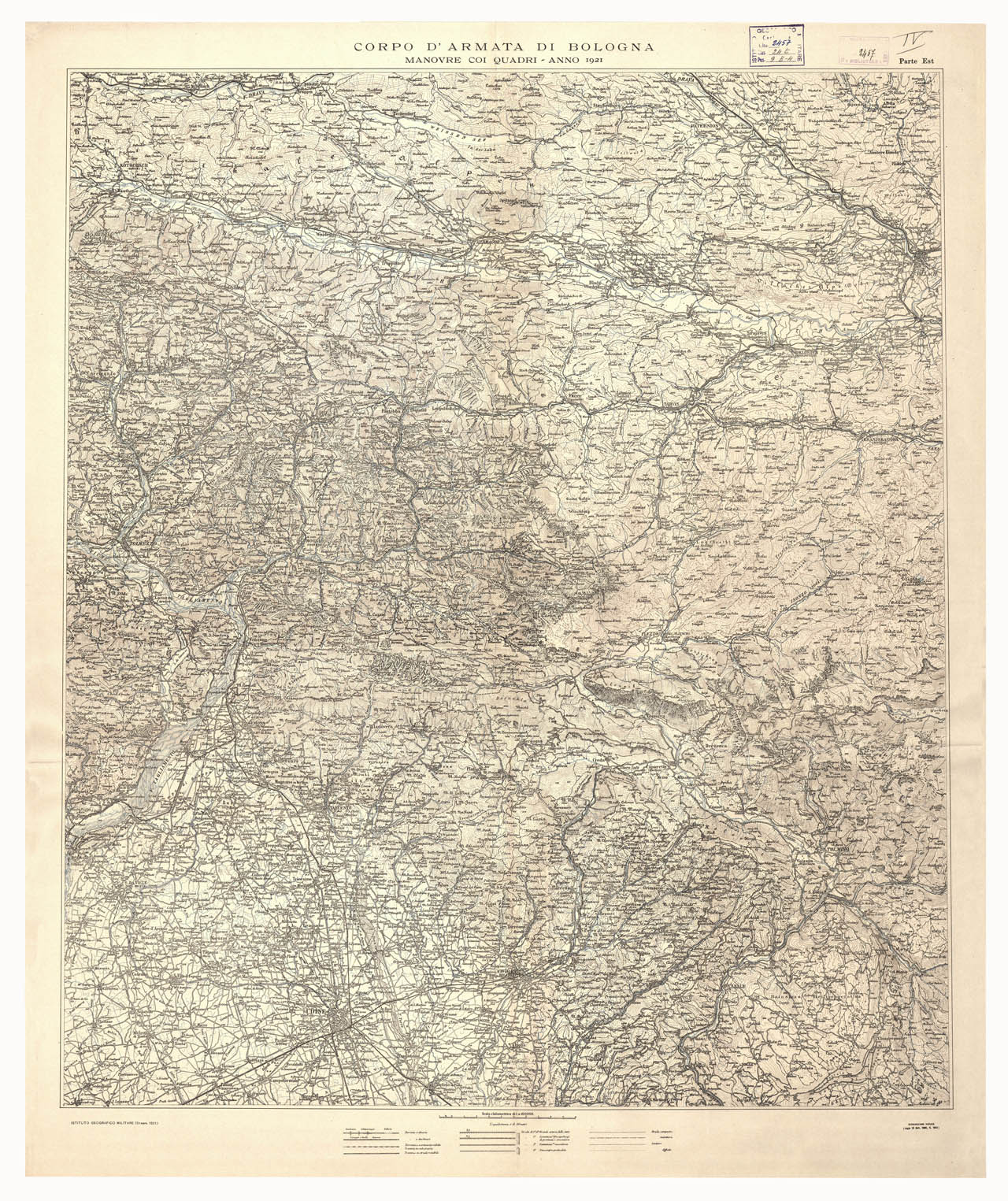 (N:13318) ZONA DELLE MANOVRE COI QUADRI DEL CORPO D'ARMATA DI BOLOGNA - Parte Est (B0002395) Carte e stampe antiche: riproduzione a colori su carta (formato A1)