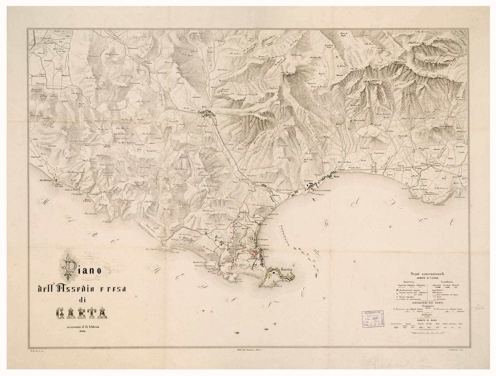 (N:13271) PIANO DELL'ASSEDIO E RESA DI GAETA AVVENUTA IL 13 FEBBRAIO 1861 (B0002438) Carte e stampe antiche: riproduzione a colori su carta (formato A1)