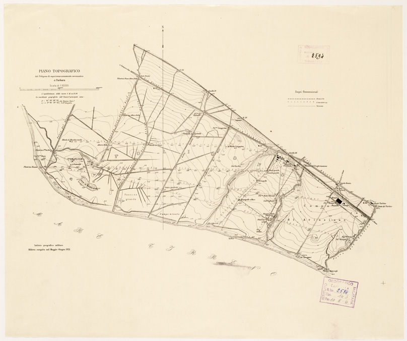 (N:36730) PIANO TOPOGRAFICO DEL POLIGONO DI ESPERIENZE E ARMAMENTO AERONAUTICO DI FURBARA (B0002451) Carte e stampe antiche: riproduzione a colori su carta (formato A1)