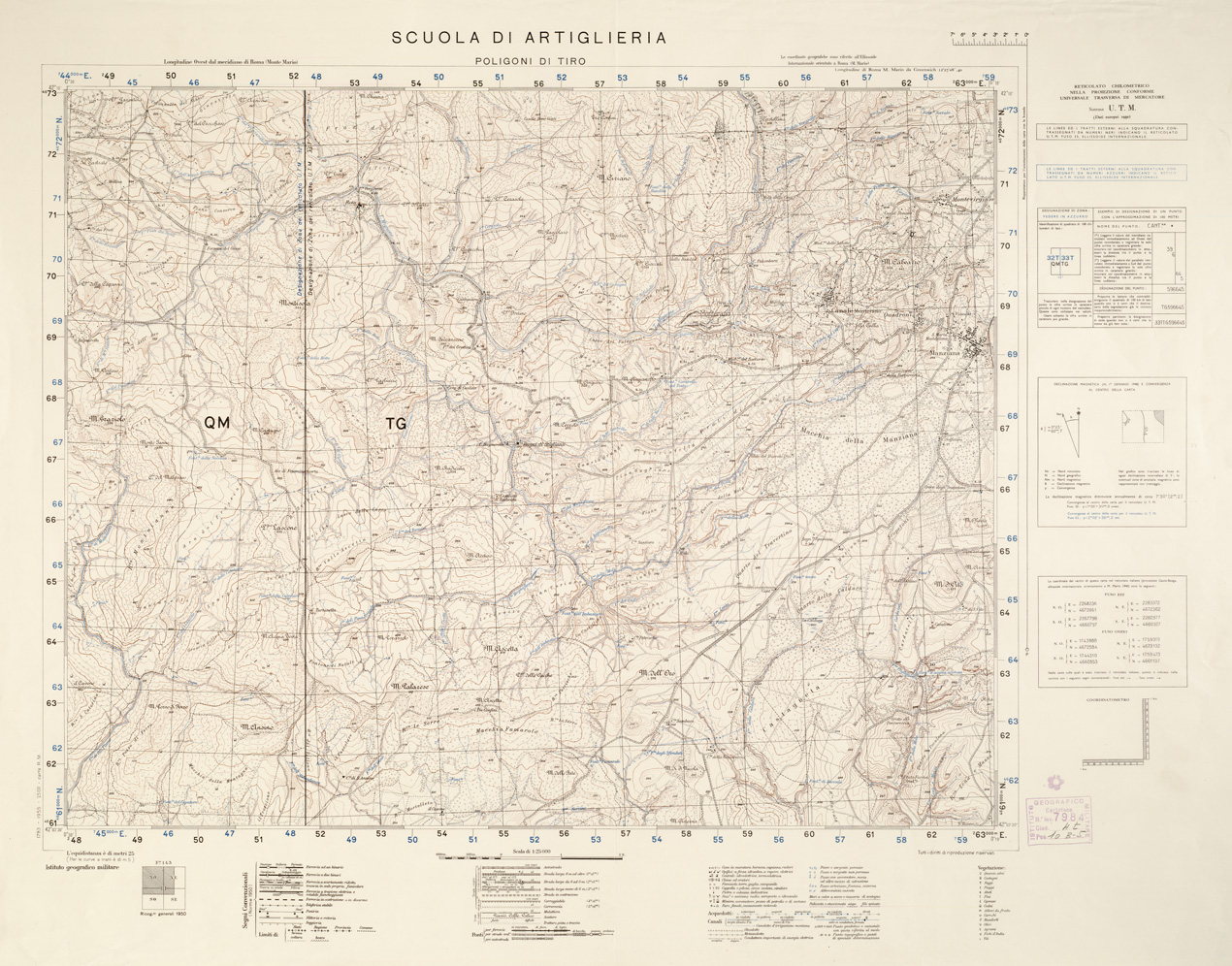 (N:15826) SCUOLA DI ARTIGLIERIA - POLIGONO DI TIRO (ZONA DI MANZIANA Foglio 143 BRACCIANO) (B0002538) Carte e stampe antiche: riproduzione a colori su carta (formato A1)