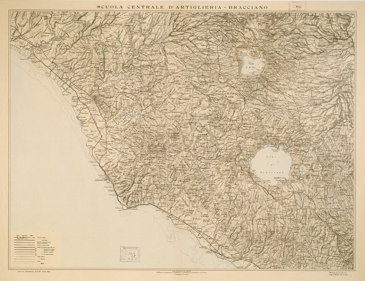 (N:543) CARTA AD USO DELLA SCUOLA DI ARTIGLIERIA DI BRACCIANO - Foglio 1 (B0002568) Carte e stampe antiche: riproduzione a colori su carta (formato A1)