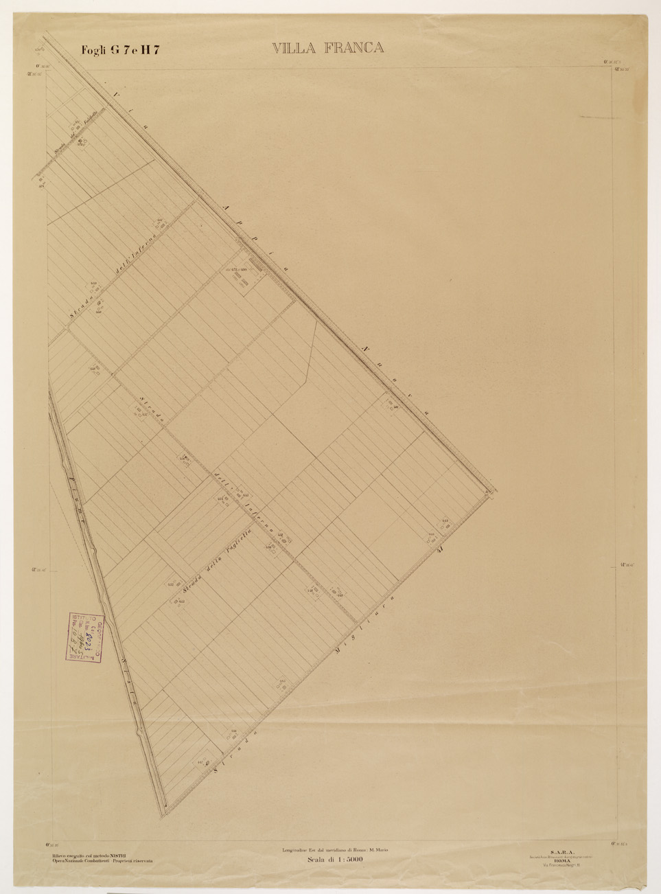 (N:15272) RILIEVO DELLA ZONA DI LITTORIA COL METODO NISTRI - Foglio G7-H7 - Villa Franca (B0002592) Carte e stampe antiche: riproduzione a colori su carta (formato A1)