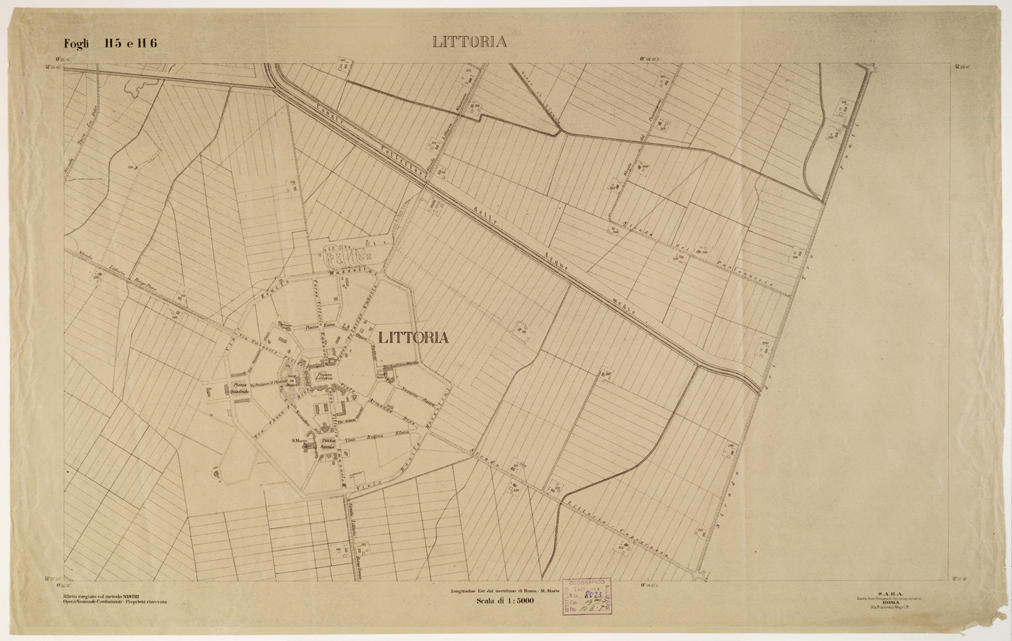 (N:15275) RILIEVO DELLA ZONA DI LITTORIA COL METODO NISTRI - Foglio H5-H6 - Littoria (B0002595) Carte e stampe antiche: riproduzione a colori su carta (formato A1)