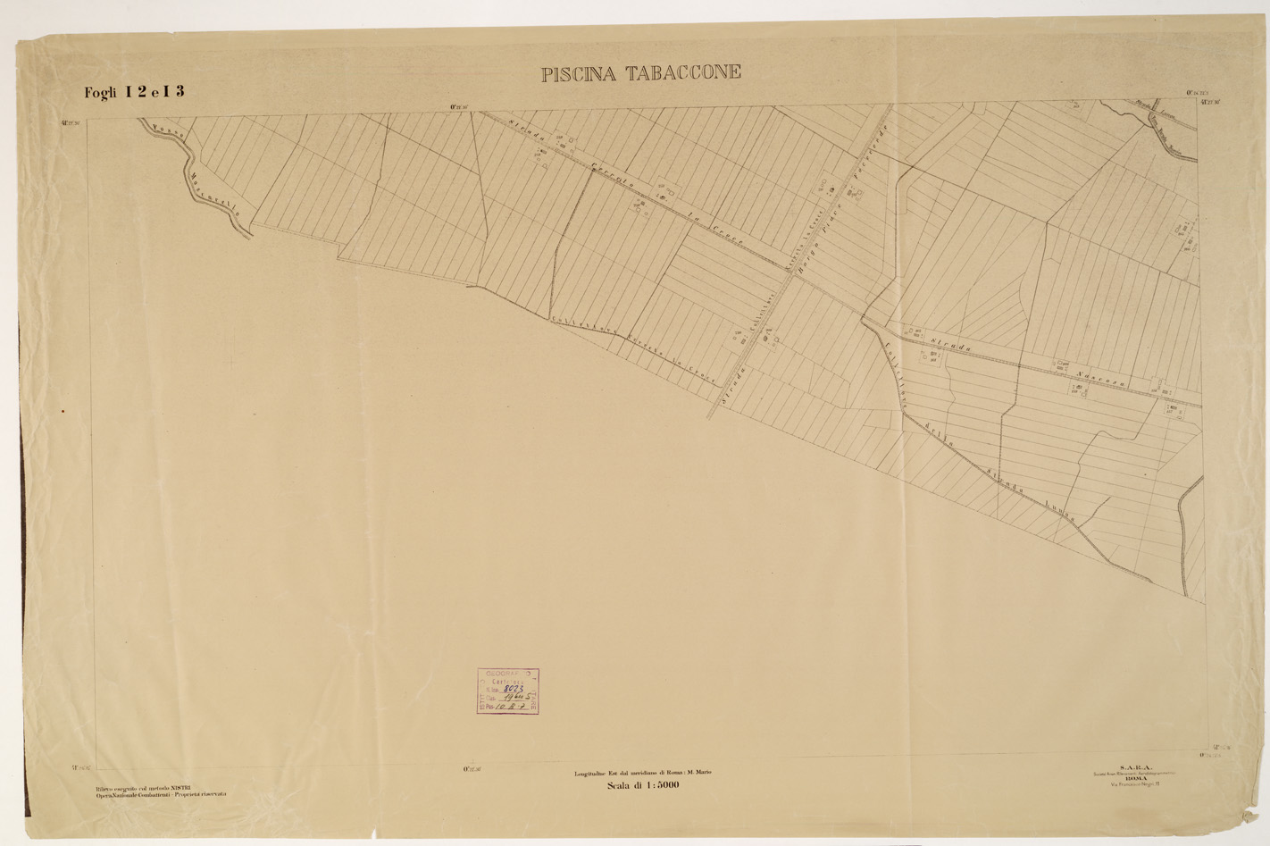 (N:15281) RILIEVO DELLA ZONA DI LITTORIA COL METODO NISTRI - Foglio I2-I3 - Piscina Tabaccone (B0002599) Carte e stampe antiche: riproduzione a colori su carta (formato A1)