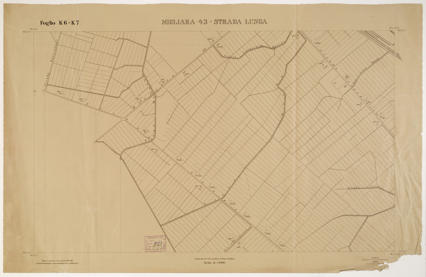 (N:15294) RILIEVO DELLA ZONA DI LITTORIA COL METODO NISTRI - Foglio K6-K7 - Migliara 43-Strada Lunga (B0002616) Carte e stampe antiche: riproduzione a colori su carta (formato A1)