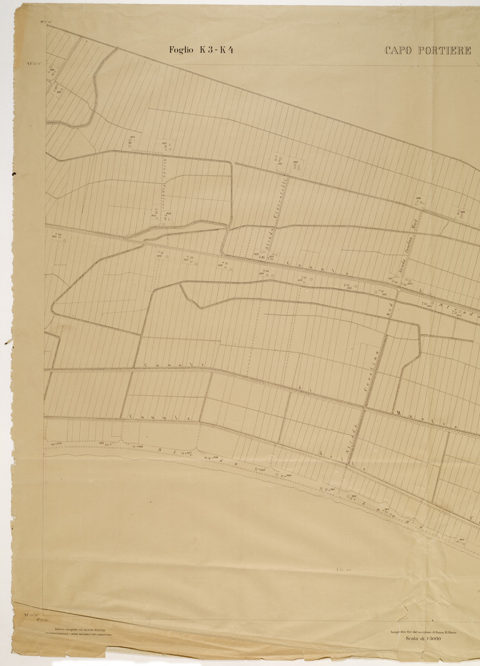 (N:15291) RILIEVO DELLA ZONA DI LITTORIA COL METODO NISTRI - Foglio K3-K4 - Capo Portiere (B0002622, B0002623, B2622-23) Carte e stampe antiche: riproduzione a colori su carta (formato A1)