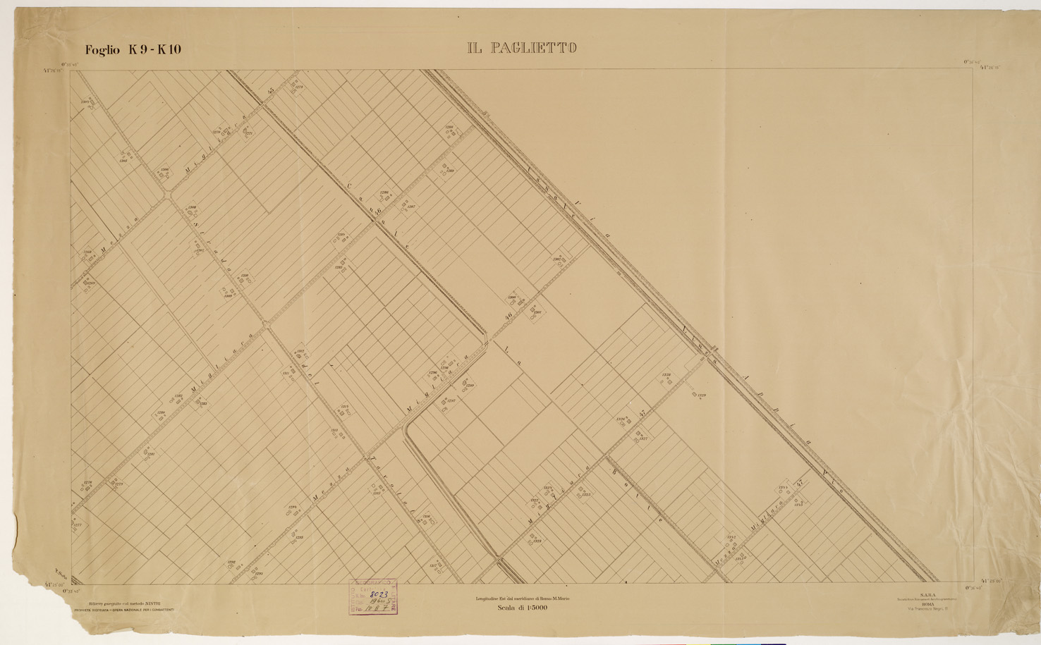 (N:15296) RILIEVO DELLA ZONA DI LITTORIA COL METODO NISTRI - Foglio K9-K10 - Il Paglietto (B0002625) Carte e stampe antiche: riproduzione a colori su carta (formato A1)