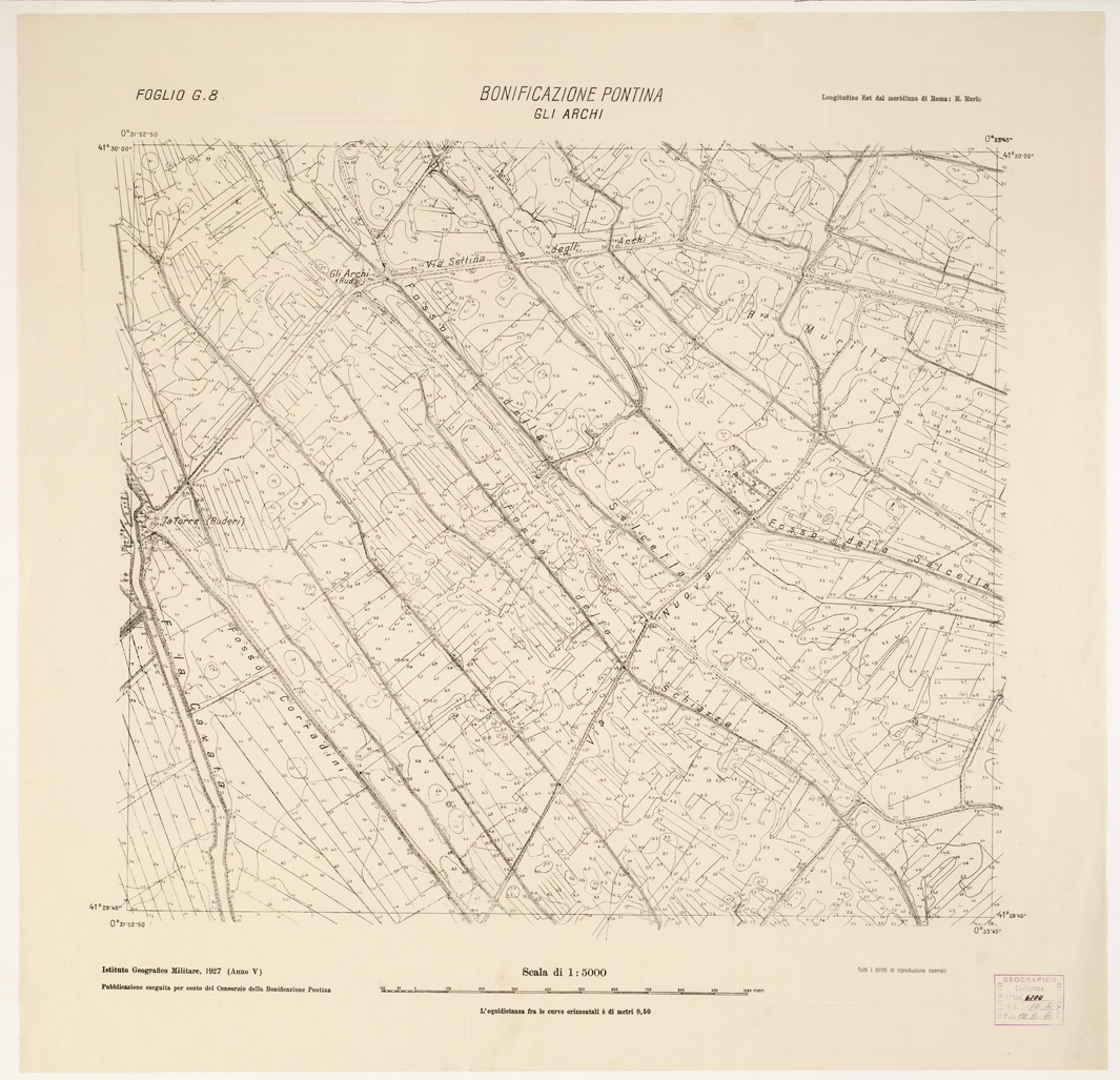 (N:2726) CARTA DELLA BONIFICAZIONE PONTINA E DELLA BONIFICA DI PISCINARA - Foglio G8 - Gli Archi (B0002631) Carte e stampe antiche: riproduzione a colori su carta (formato A1)