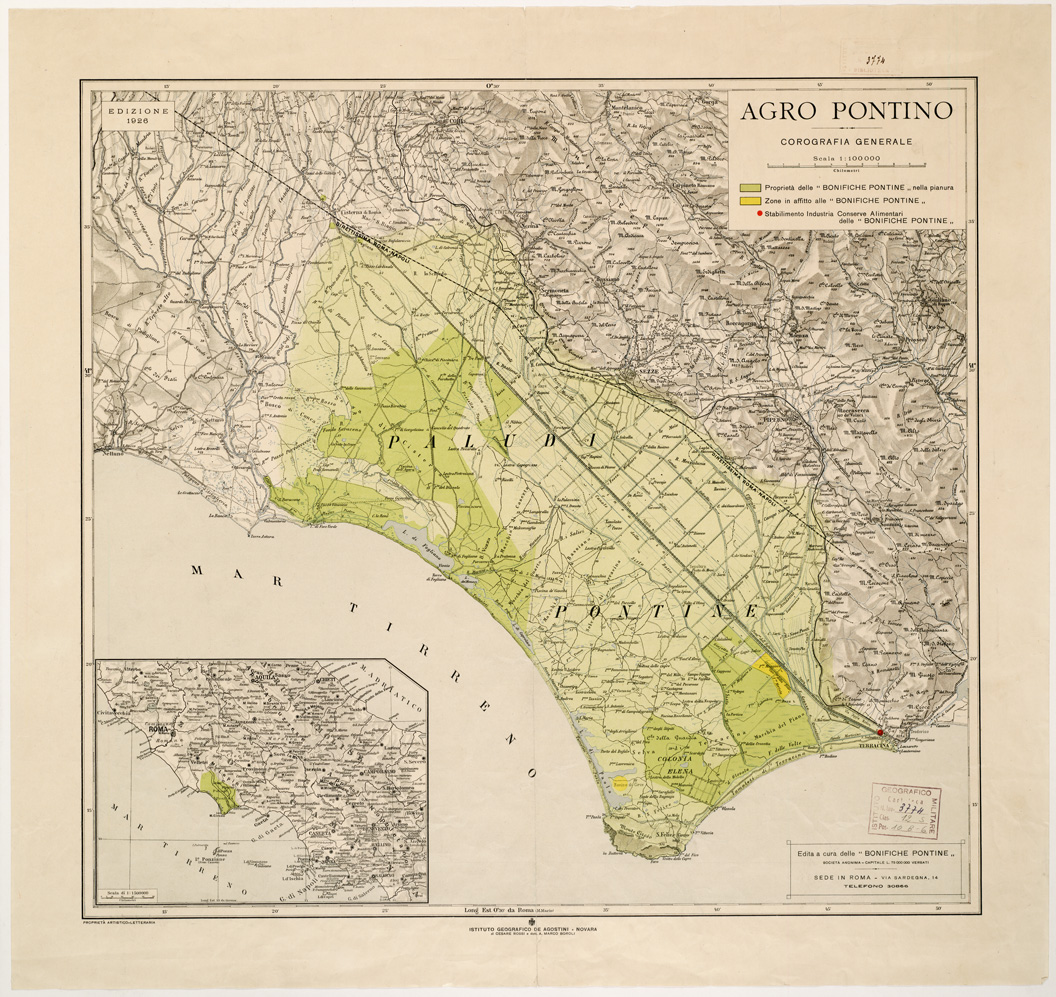 (N:65) AGRO PONTINO COROGRAFIA GENERALE. (B0002637) Carte e stampe antiche: riproduzione a colori su carta (formato A1)