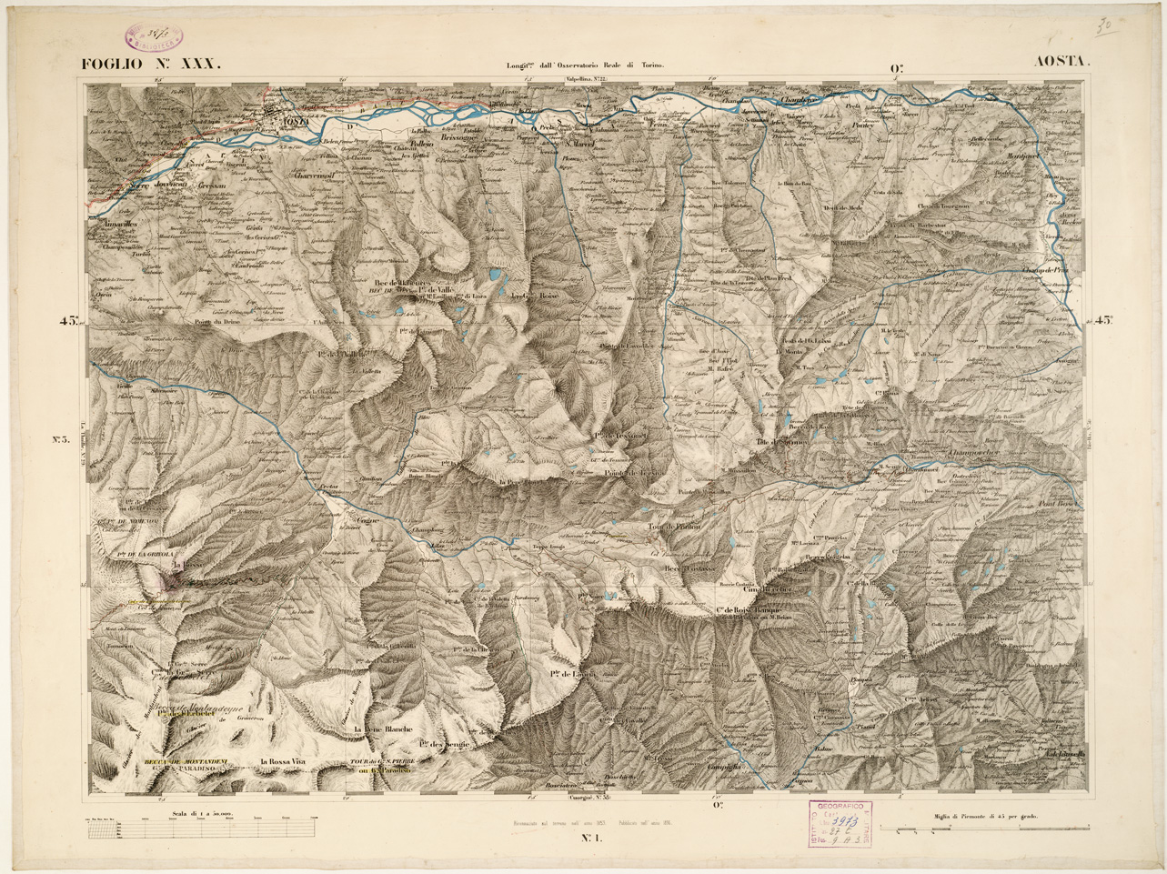(N:6343) CARTA TOPOGRAFICA DEGLI STATI IN TERRAFERMA... - Foglio 30 - Aosta (B0002835) Carte e stampe antiche: riproduzione a colori su carta (formato A1)