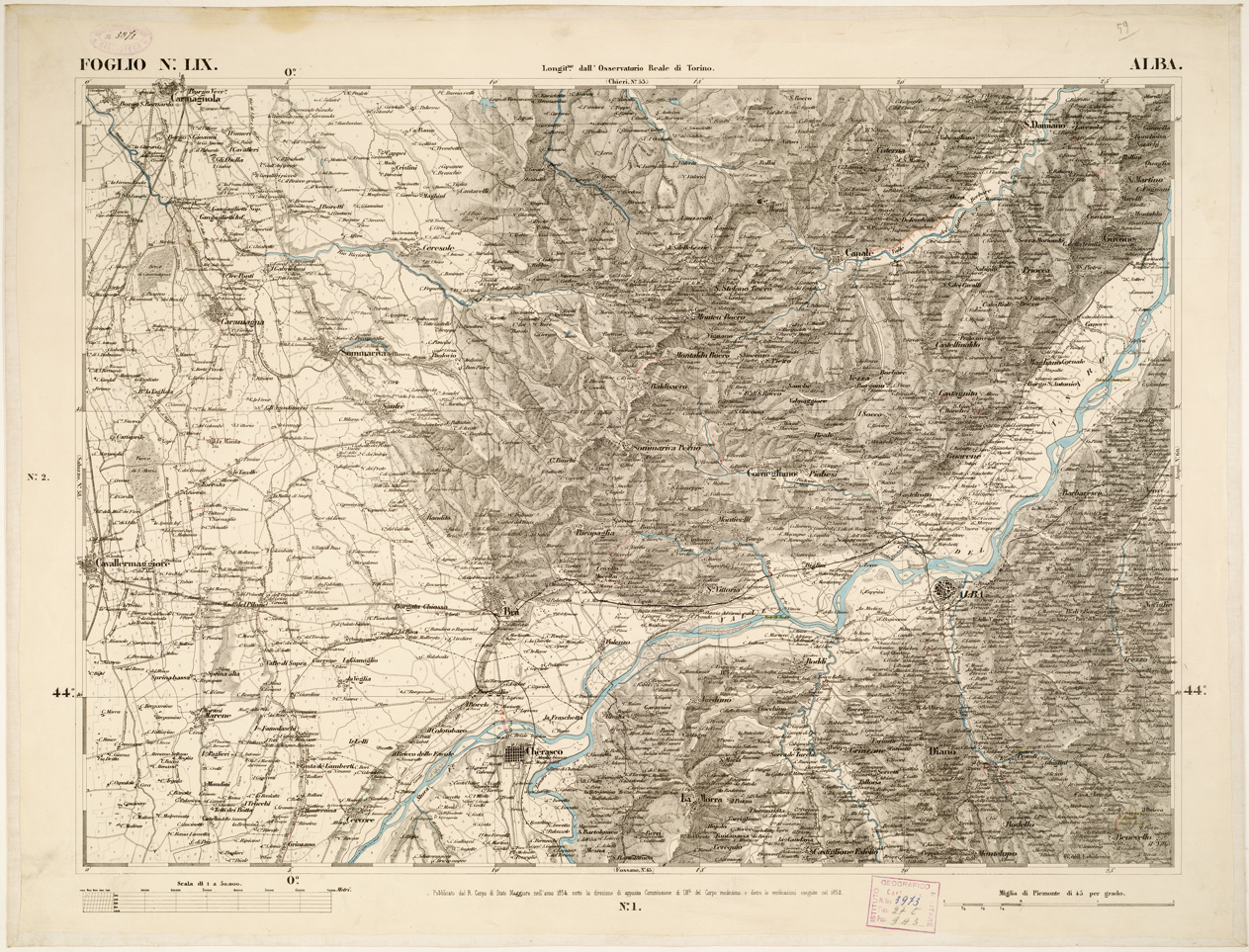 (N:6275) CARTA TOPOGRAFICA DEGLI STATI IN TERRAFERMA... - Foglio 59 - Alba (B0002864) Carte e stampe antiche: riproduzione a colori su carta (formato A1)