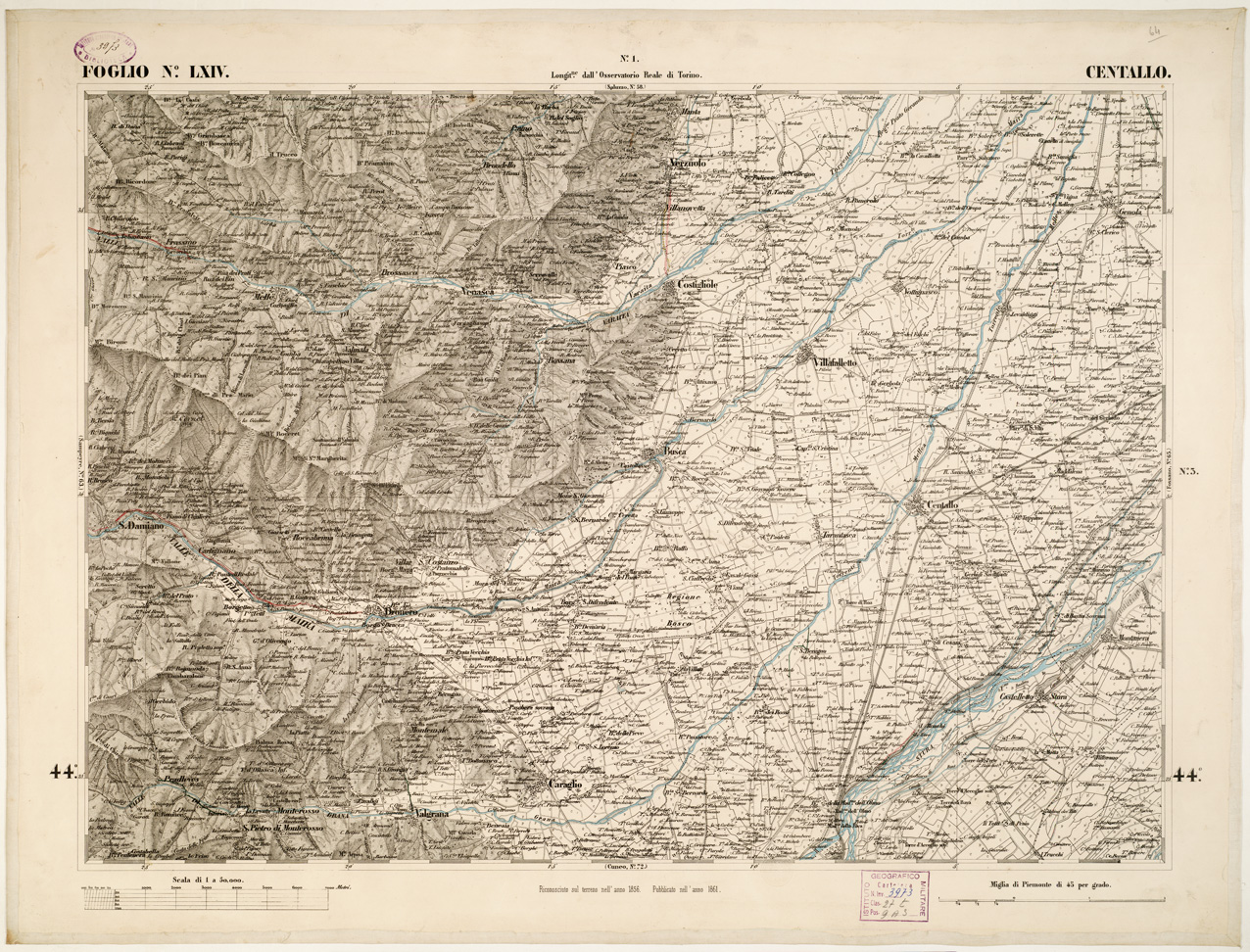 (N:6284) CARTA TOPOGRAFICA DEGLI STATI IN TERRAFERMA... - Foglio 64 - Centallo (B0002869) Carte e stampe antiche: riproduzione a colori su carta (formato A1)