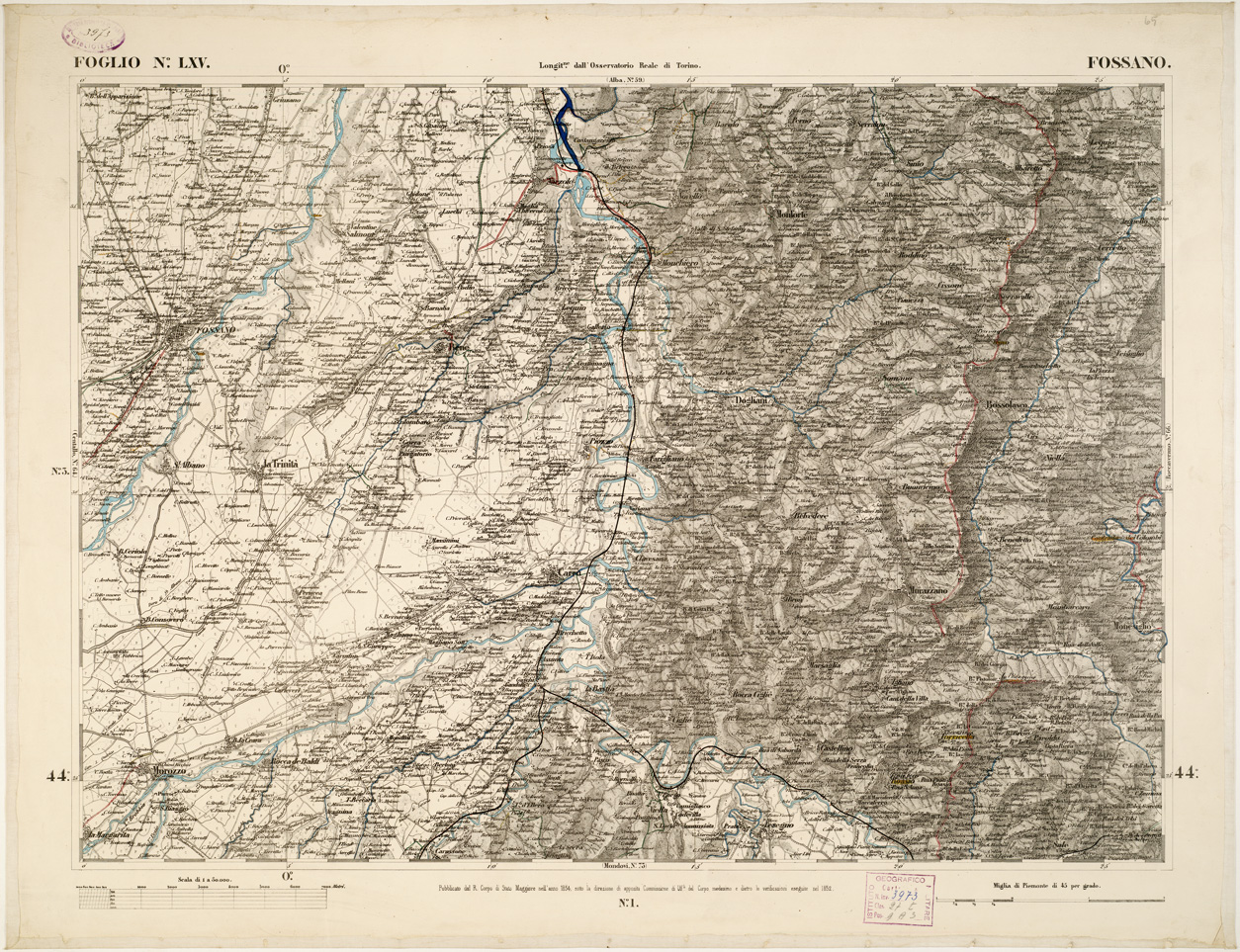 (N:6286) CARTA TOPOGRAFICA DEGLI STATI IN TERRAFERMA... - Foglio 65 - Fossano (B0002870) Carte e stampe antiche: riproduzione a colori su carta (formato A1)