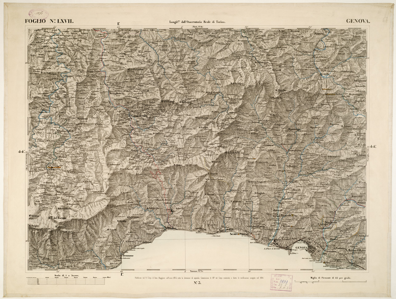 (N:6288) CARTA TOPOGRAFICA DEGLI STATI IN TERRAFERMA... - Foglio 67 - Genova (B0002872) Carte e stampe antiche: riproduzione a colori su carta (formato A1)