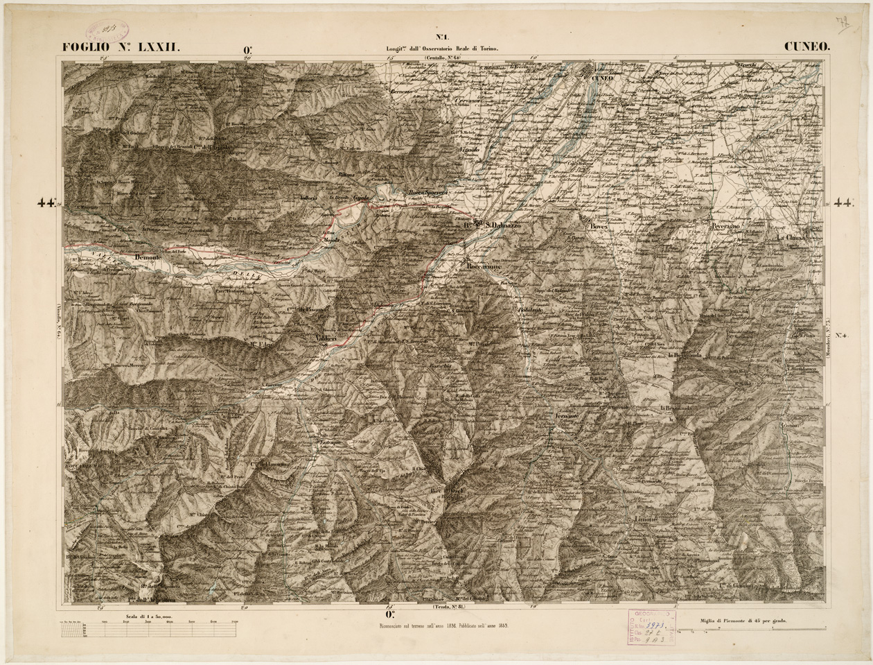 (N:6292) CARTA TOPOGRAFICA DEGLI STATI IN TERRAFERMA... - Foglio 72 - Cuneo (B0002877) Carte e stampe antiche: riproduzione a colori su carta (formato A1)