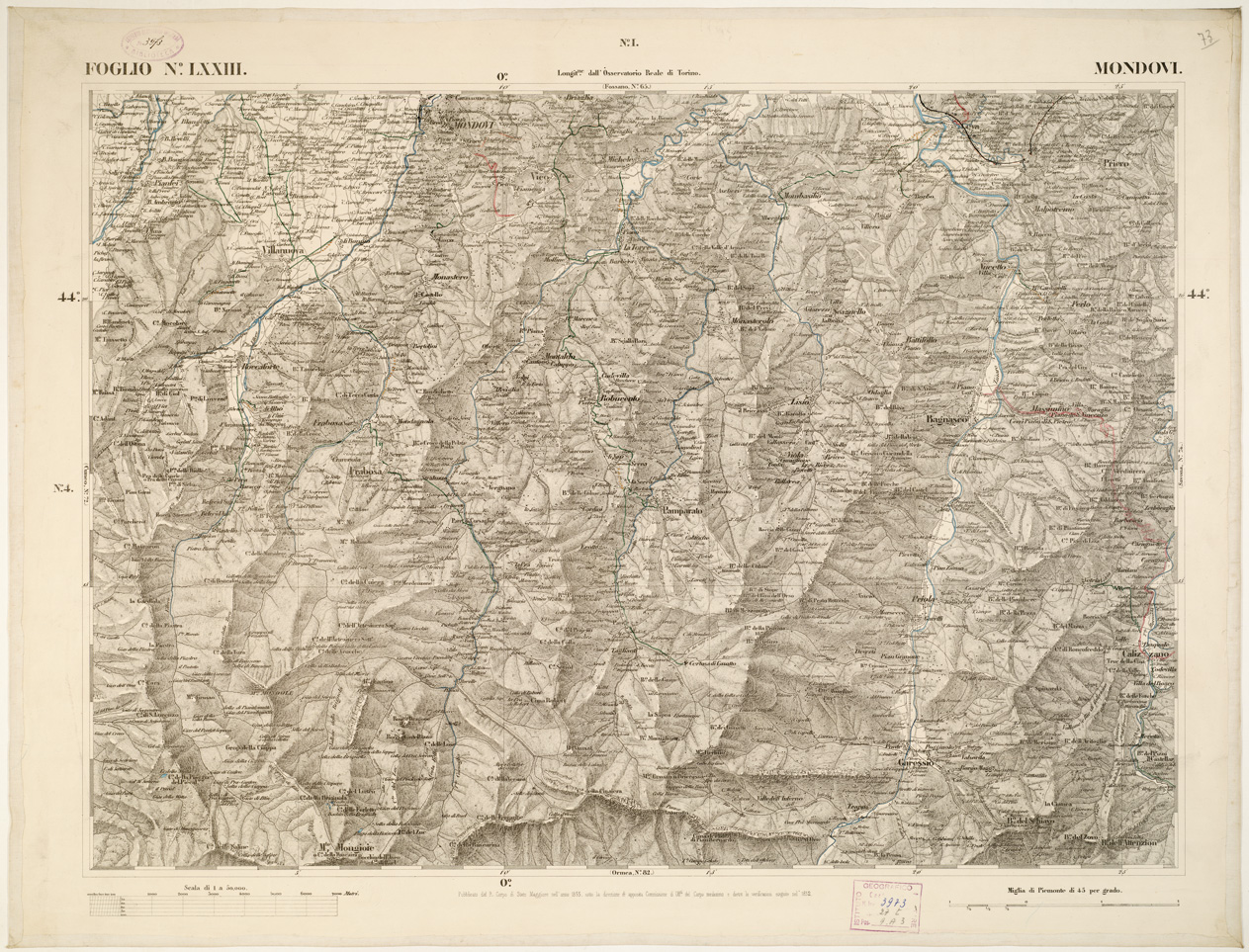 (N:6293) CARTA TOPOGRAFICA DEGLI STATI IN TERRAFERMA... - Foglio 73 - Mondov (B0002878) Carte e stampe antiche: riproduzione a colori su carta (formato A1)
