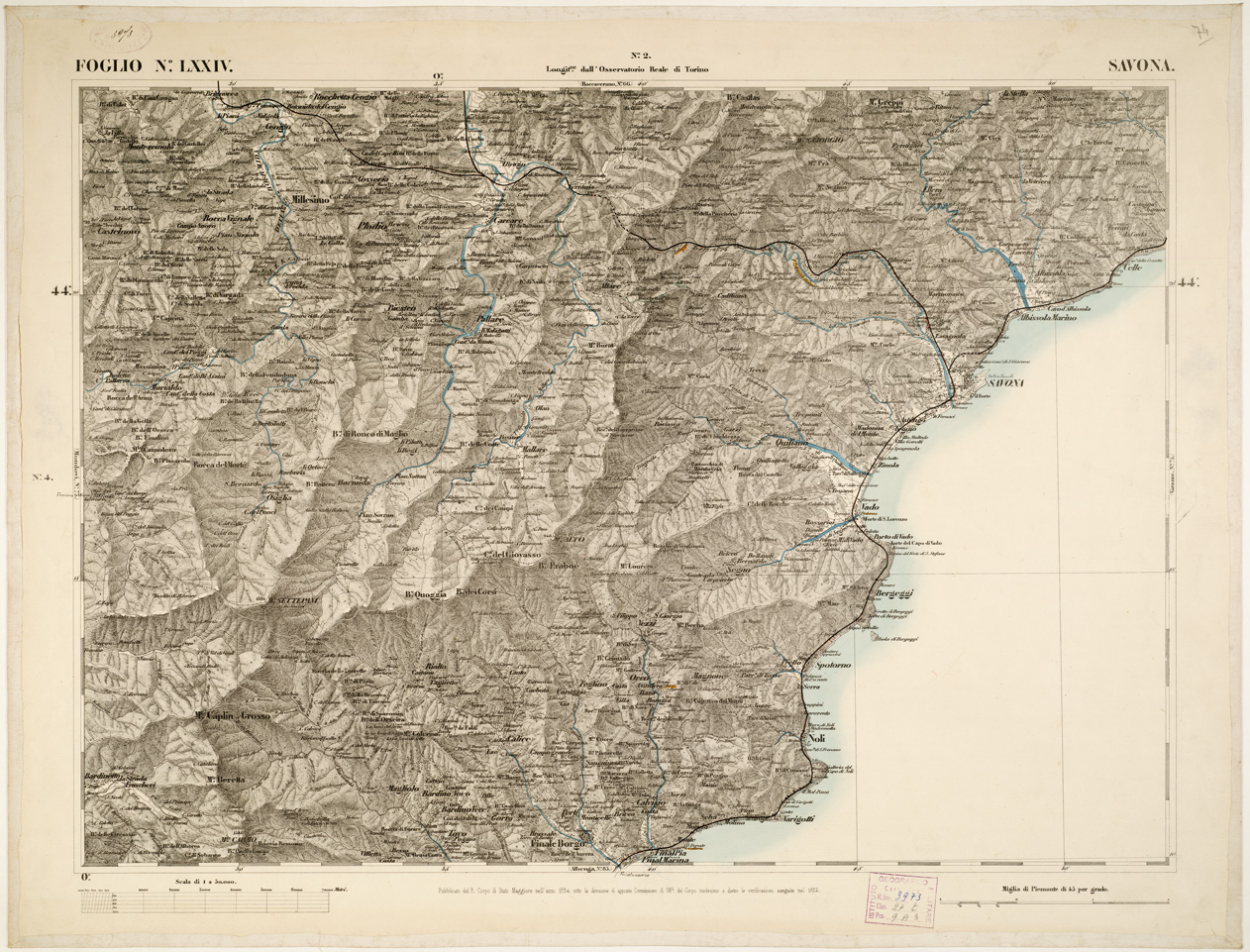 (N:6294) CARTA TOPOGRAFICA DEGLI STATI IN TERRAFERMA... - Foglio 74 - Savona (B0002879) Carte e stampe antiche: riproduzione a colori su carta (formato A1)