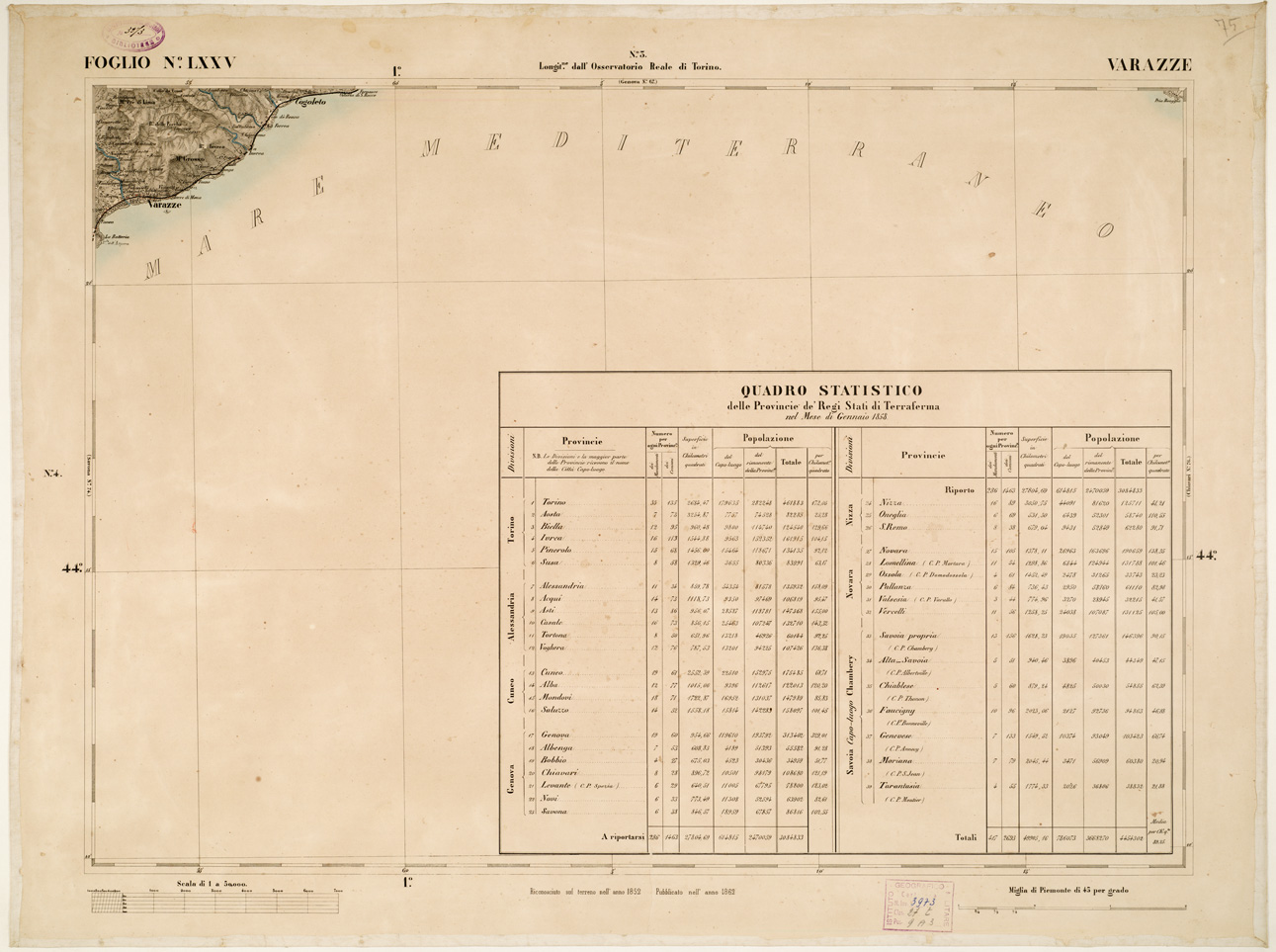 (N:6295) CARTA TOPOGRAFICA DEGLI STATI IN TERRAFERMA... - Foglio 75 - Varazze (B0002880) Carte e stampe antiche: riproduzione a colori su carta (formato A1)