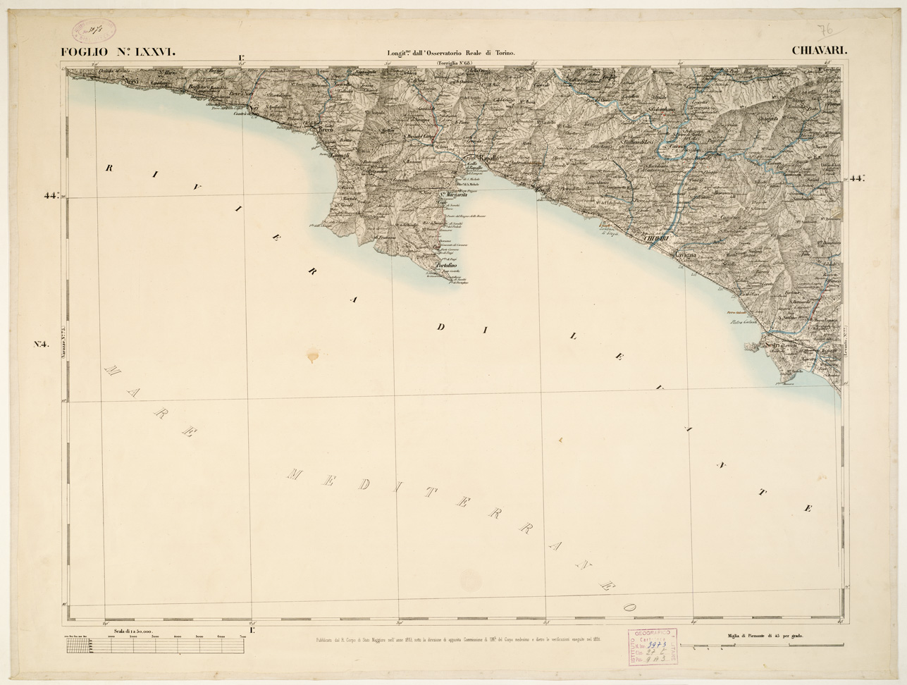 (N:6296) CARTA TOPOGRAFICA DEGLI STATI IN TERRAFERMA... - Foglio 76 - Chiavari (B0002881) Carte e stampe antiche: riproduzione a colori su carta (formato A1)