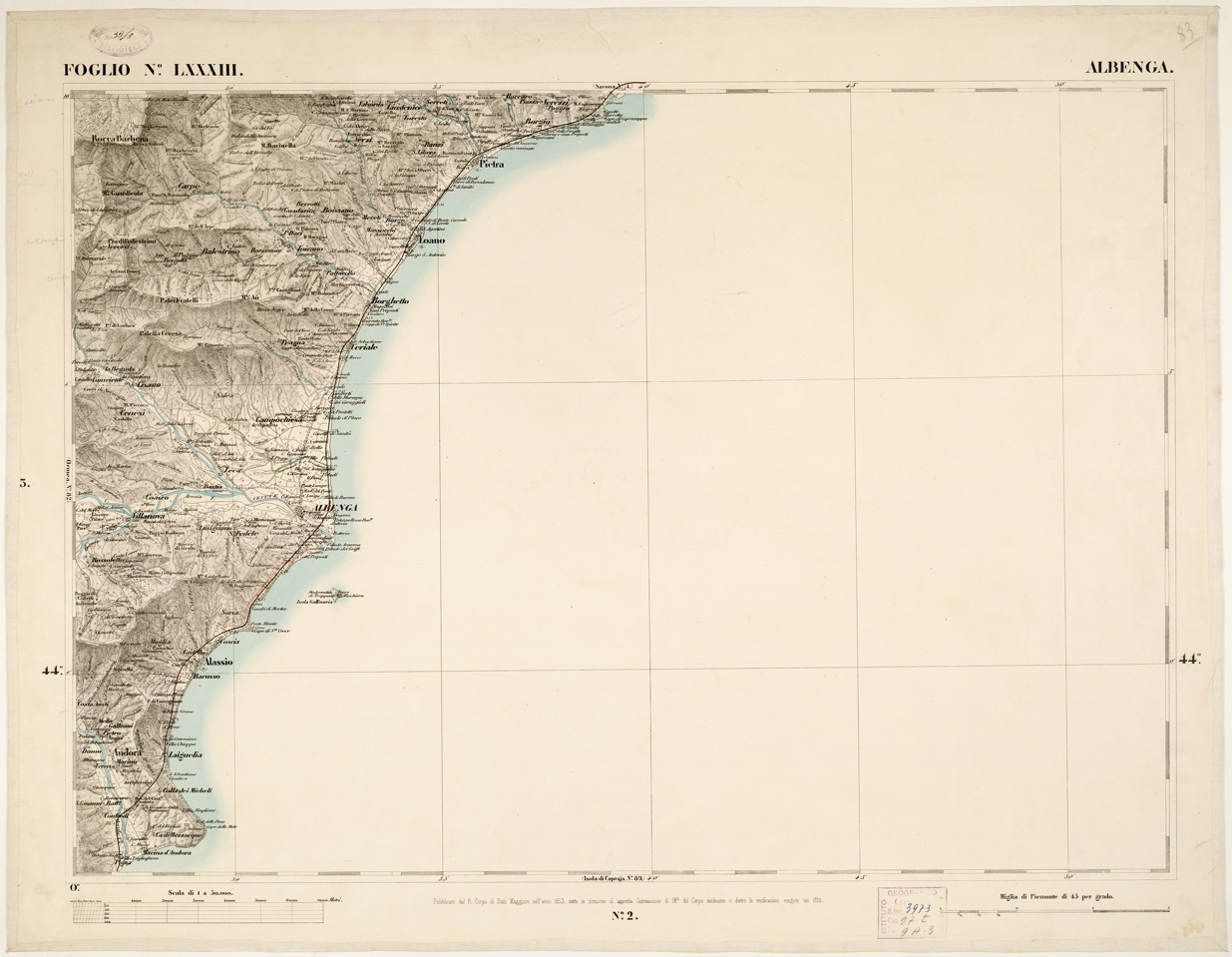 (N:6303) CARTA TOPOGRAFICA DEGLI STATI IN TERRAFERMA... - Foglio 83 - Albenga (B0002888) Carte e stampe antiche: riproduzione a colori su carta (formato A1)