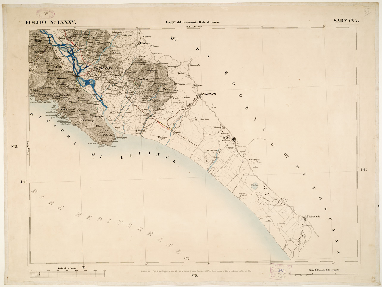 (N:6306) CARTA TOPOGRAFICA DEGLI STATI IN TERRAFERMA... - Foglio 85 - Sarzana (B0002890) Carte e stampe antiche: riproduzione a colori su carta (formato A1)