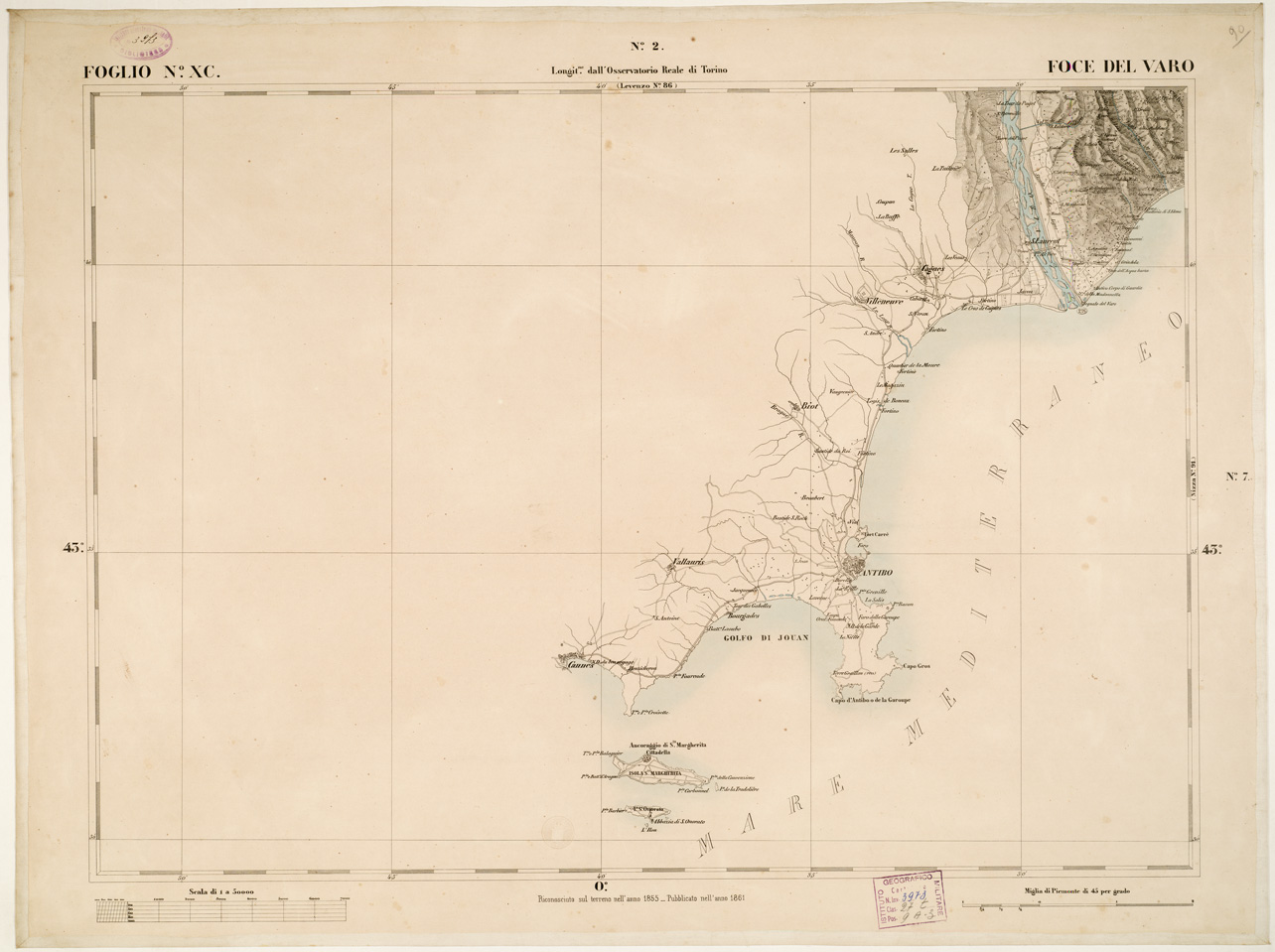 (N:6311) CARTA TOPOGRAFICA DEGLI STATI IN TERRAFERMA... - Foglio 90 - Foce del Varo (B0002895) Carte e stampe antiche: riproduzione a colori su carta (formato A1)