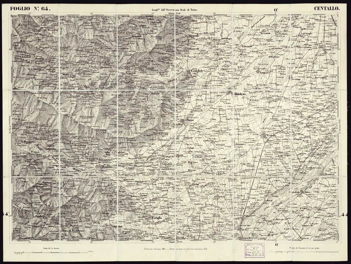 (N:6241) CARTA TOPOGRAFICA DEGLI STATI IN TERRAFERMA... - Foglio 64 - Centallo (B0002958) Carte e stampe antiche: riproduzione a colori su carta (formato A1)
