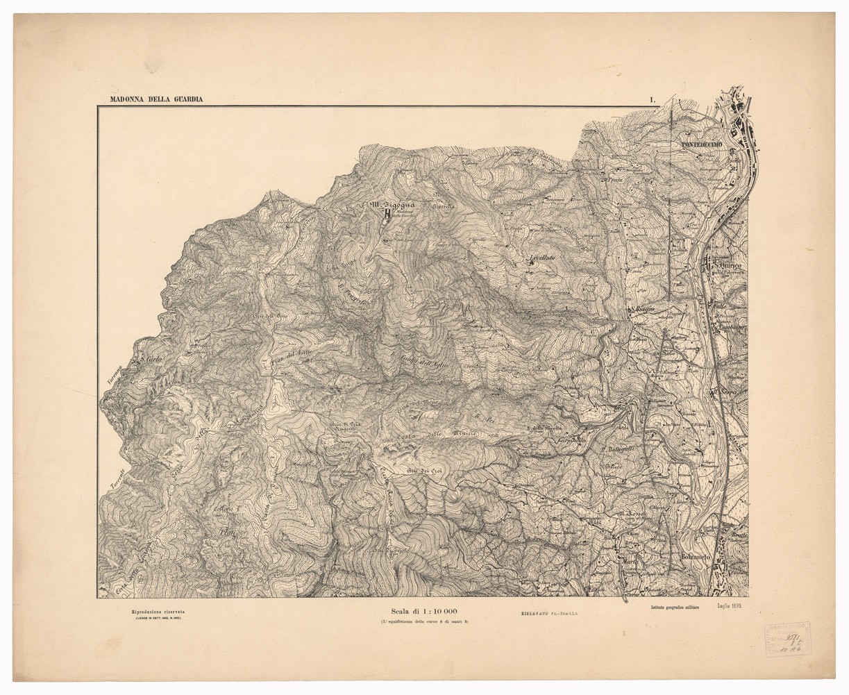 (N:1547) CARTA DEI DINTORNI DI GENOVA IN 14 FOGLI DI CUI 9 RILIEVO E 5 INGRANDIMENTI - Foglio 1 - Madonna della Guardia (B0003020) Carte e stampe antiche: riproduzione a colori su carta (formato A1)