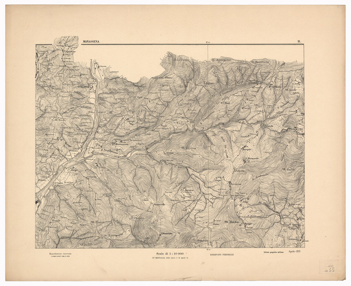 (N:1548) CARTA DEI DINTORNI DI GENOVA IN 14 FOGLI DI CUI 9 RILIEVO E 5 INGRANDIMENTI - Foglio 2 - Manassena (B0003021) Carte e stampe antiche: riproduzione a colori su carta (formato A1)