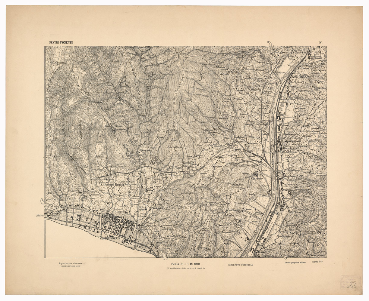(N:1551) CARTA DEI DINTORNI DI GENOVA IN 14 FOGLI DI CUI 9 RILIEVO E 5 INGRANDIMENTI - Foglio 4 - Sestri Ponente (B0003023) Carte e stampe antiche: riproduzione a colori su carta (formato A1)