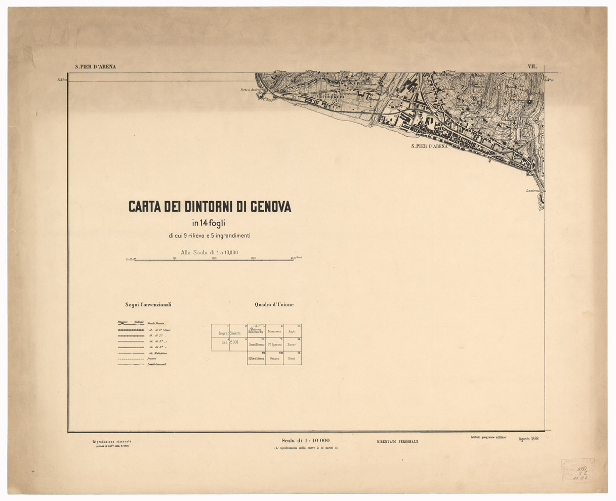 (N:1550) CARTA DEI DINTORNI DI GENOVA IN 14 FOGLI DI CUI 9 RILIEVO E 5 INGRANDIMENTI - Foglio 7 - S. Pier d'Arena e Quadro d'Unione (B0003026) Carte e stampe antiche: riproduzione a colori su carta (formato A1)