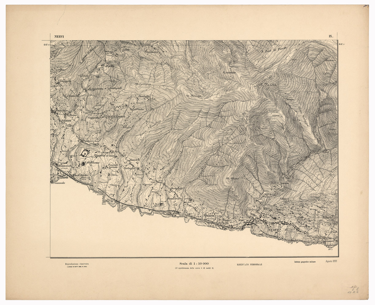 (N:1549) CARTA DEI DINTORNI DI GENOVA IN 14 FOGLI DI CUI 9 RILIEVO E 5 INGRANDIMENTI - Foglio 9 - Nervi (B0003028) Carte e stampe antiche: riproduzione a colori su carta (formato A1)