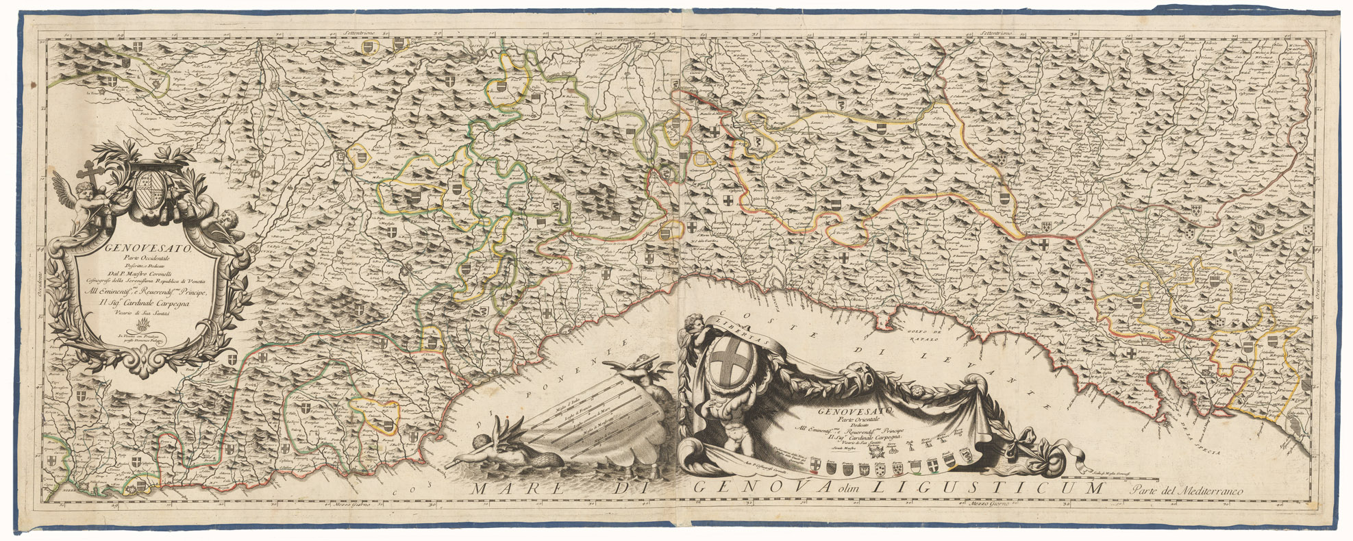 (N:10381) GENOVESATO PARTE OCCIDENTALE DESCRITTO E DEDICATO DAL P. MAESTRO CORONELLI COSMOGRAFO DELLA SERENISSIMA REPUBBLICA DI VENETIA ALL'EMINENTISSIMO, ecc., ecc - Repubblica di Genova (B0003041) Carte e stampe antiche: riproduzione a colori su carta (formato A1)