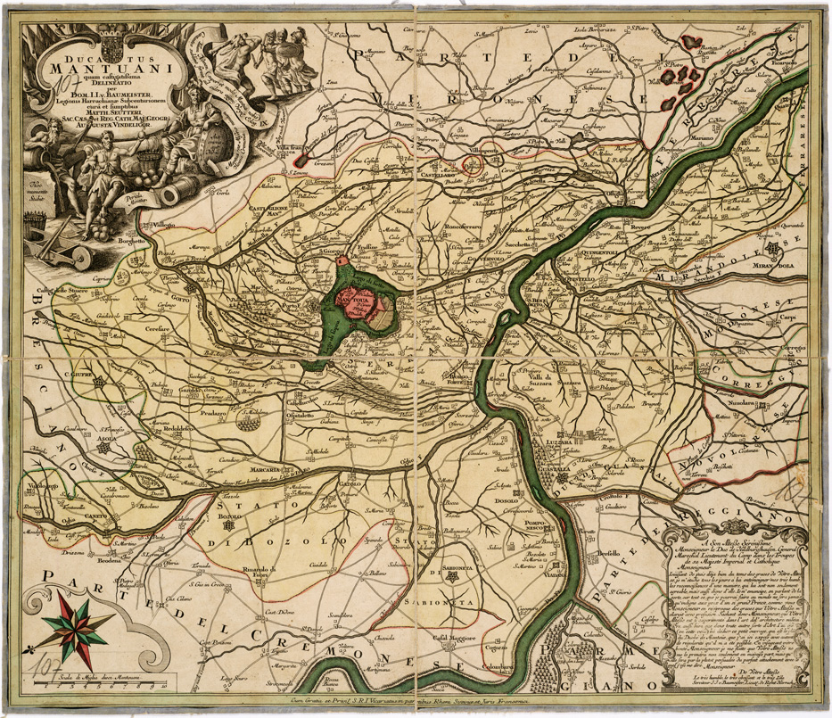 (N:9710) DUCATUS MANTUANI QUAM CASTIGATISSIMA DELINEATIO PER DOM. I. I. V. BAUMEISTER, LEGIONIS HARRACHIANAE SUBCENTURIONEM CURA ET SUMPTIBUS MATTH SEUTTERI, ECC., ECC., AUGUSTAE VINDELICORUM - Carta del Ducato di Mantova (B0003117) Carte e stampe antiche: riproduzione a colori su carta (formato A1)