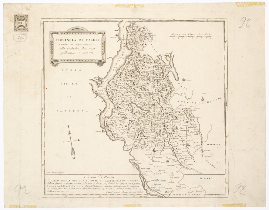 (N:14452) PROVINCIA DI VARESE A NORMA DEL COMPARTIMENTO DELLA LOMBARDIA AUSTRIACA PUBBLICATASI L'ANNO 1780. (B0003124) Carte e stampe antiche: riproduzione a colori su carta (formato A1)