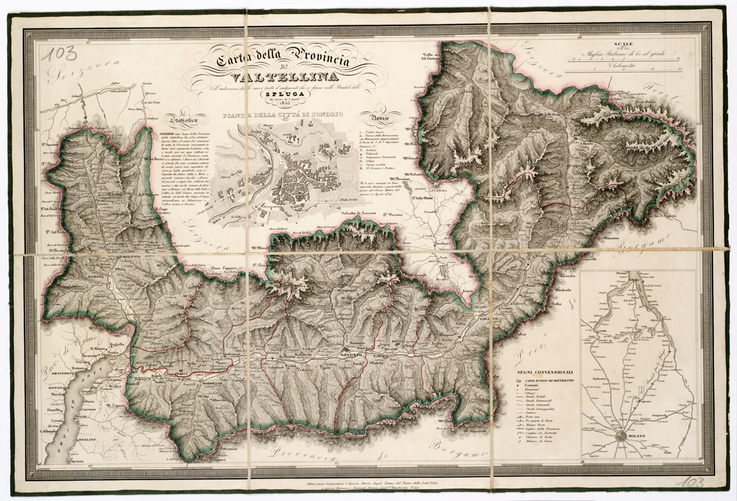(N:3538) CARTA DELLA PROVINCIA DI VALTELLINA CON L'INDICAZIONE DELLE NUOVE TRATTE D'ANDAMENTO CHE SI FANNO NELLO STRADALE DELLO SPLUGA DIS. ED INC. DA V. ANGELI. (B0003125) Carte e stampe antiche: riproduzione a colori su carta (formato A1)