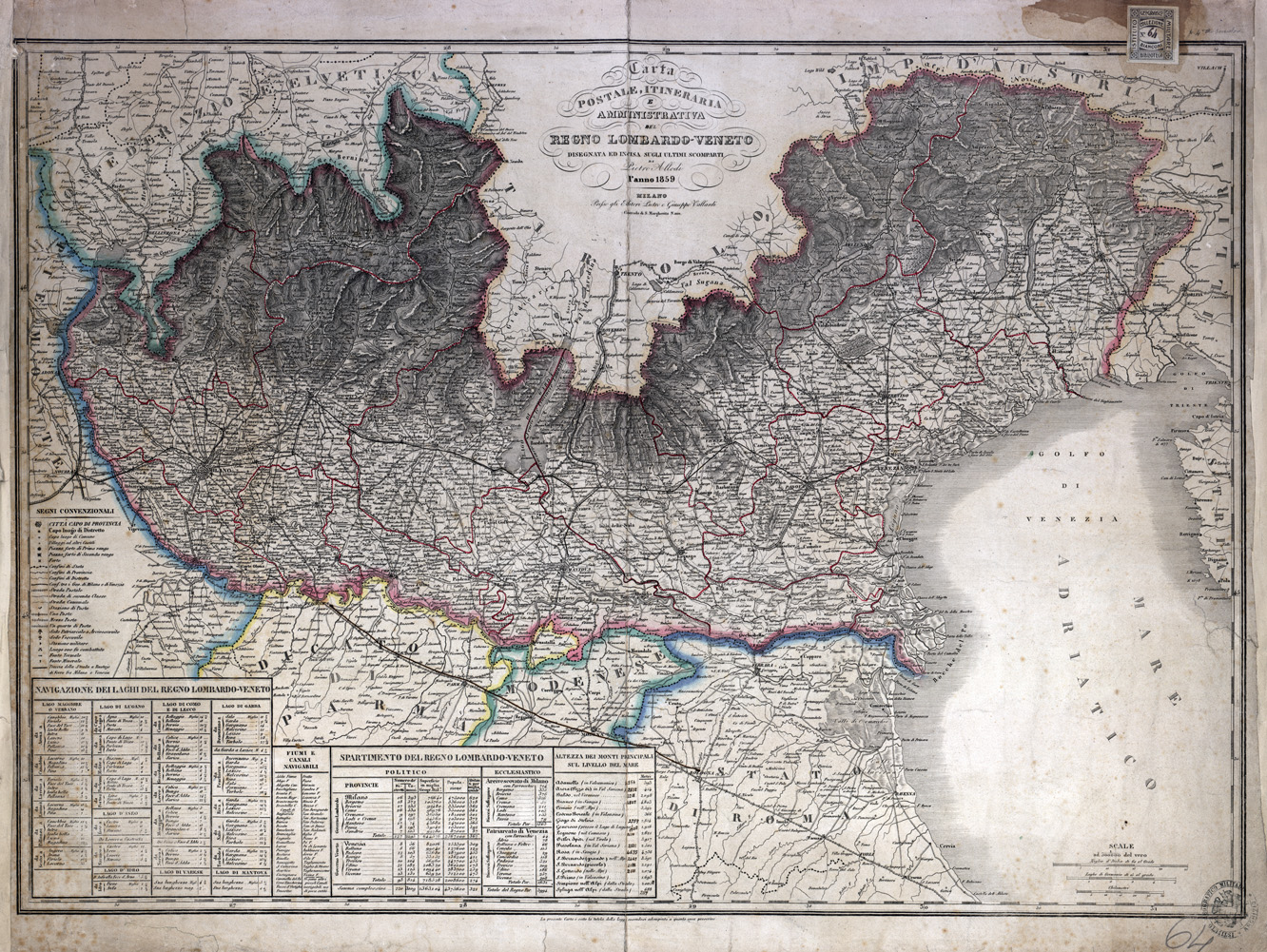 (N:5803) CARTA POSTALE ITINERARIA E AMMINISTRATIVA DEL REGNO LOMBARDO VENETO DISEGNATA E INCISA SUGLI ULTIMI SCOMPARTI DA PIETRO ALLODI. MILANO, PRESSO GLI EDITORI PIETRO E GIUSEPPE VALLARDI. (B0003126) Carte e stampe antiche: riproduzione a colori su carta (formato A1)