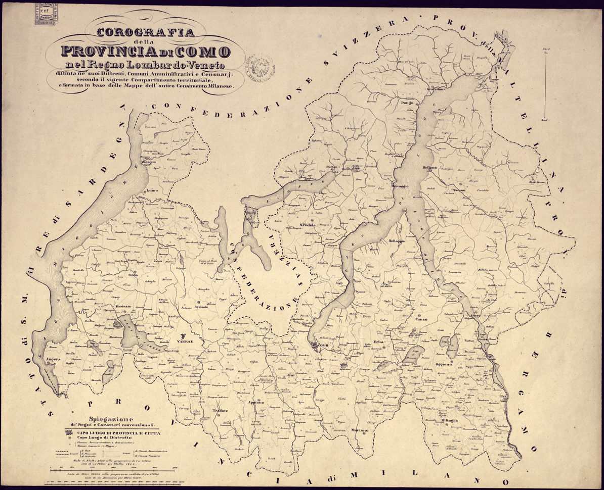 (N:9149) COROGRAFIE DELLE PROVINCIE DEL REGNO LOMBARDO-VENETO OGNUNA DELLE QUALI "DISTINTA NE' SUOI DISTRETTI E COMUNI CENSUARI, FORMATA IN BASE DELLE MAPPE DEL NUOVO CENSIMENTO" - Provincia di Como (B0003137) Carte e stampe antiche: riproduzione a colori su carta (formato A1)
