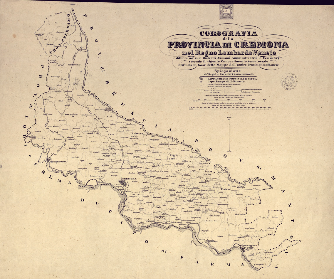 (N:9150) COROGRAFIE DELLE PROVINCIE DEL REGNO LOMBARDO-VENETO OGNUNA DELLE QUALI "DISTINTA NE' SUOI DISTRETTI E COMUNI CENSUARI, FORMATA IN BASE DELLE MAPPE DEL NUOVO CENSIMENTO" - Provincia di Cremona (B0003138) Carte e stampe antiche: riproduzione a colori su carta (formato A1)