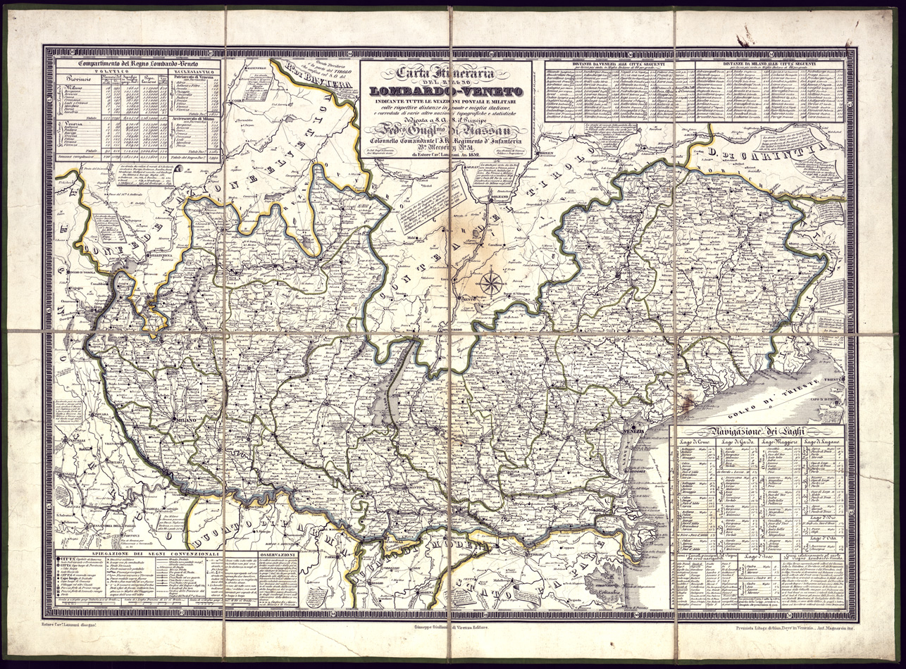 (N:5493) CARTA ITINERARIA DEL REGNO LOMBARDO-VENETO INDICANTE TUTTE LE STAZIONI POSTALI E MILITARI COLLE RISPETTIVE DISTANZE IN POSTE E MIGLIA ITALIANE E CORREDATA DI VARIE ALTRE NOZIONI TOPOGRAFICHE E STATISTICHE ... (B0003149) Carte e stampe antiche: riproduzione a colori su carta (formato A1)