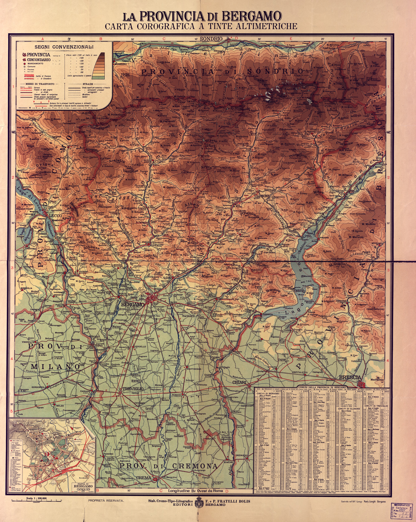 (N:7821) CARTA TOPOGRAFICA DELLA PROVINCIA DI BERGAMO CARTA COROGRAFICA A TINTE ALTIMETRICHE (B0003150) Carte e stampe antiche: riproduzione a colori su carta (formato A1)
